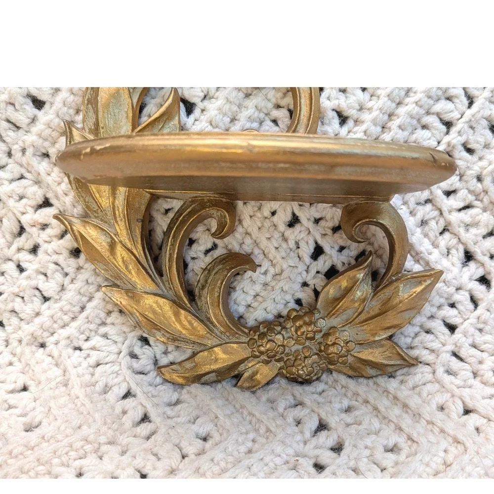 Vintage Gold Botanical Wall Corbel Shelves Pair Hollywood Regency Floral Leaf 7